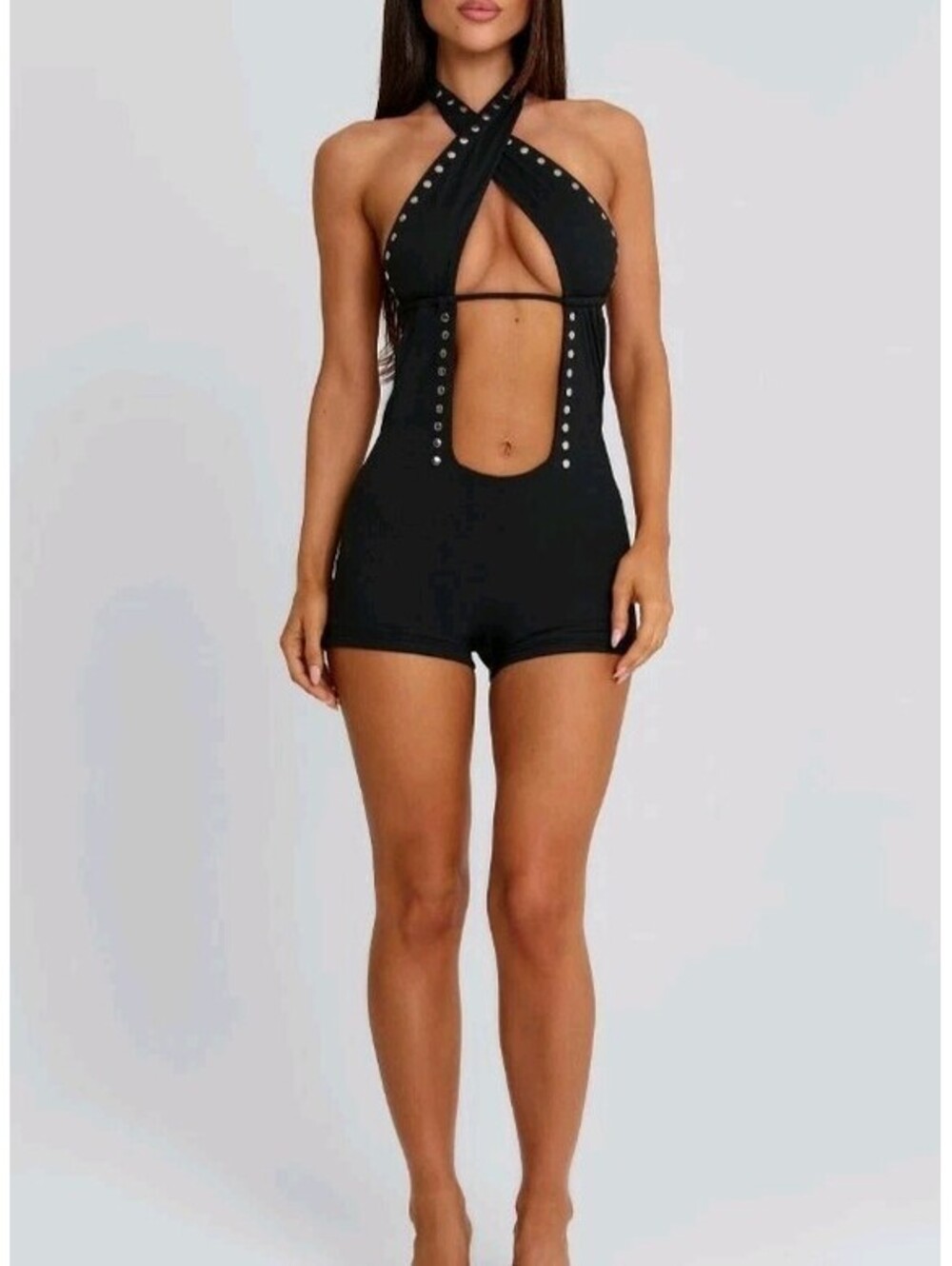 Outcast Emiliee Playsuit L Black Halter Stud Cut Out Snap Romper NWT